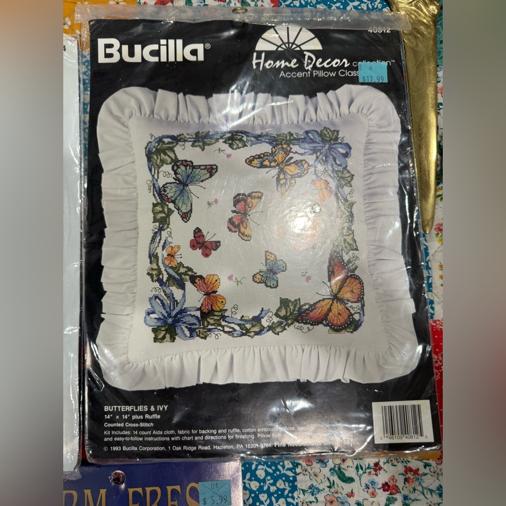 BRAND NEW Bucilla Butterflies & Ivy Pillow Kit 14” x 14” Counted Cross Stich